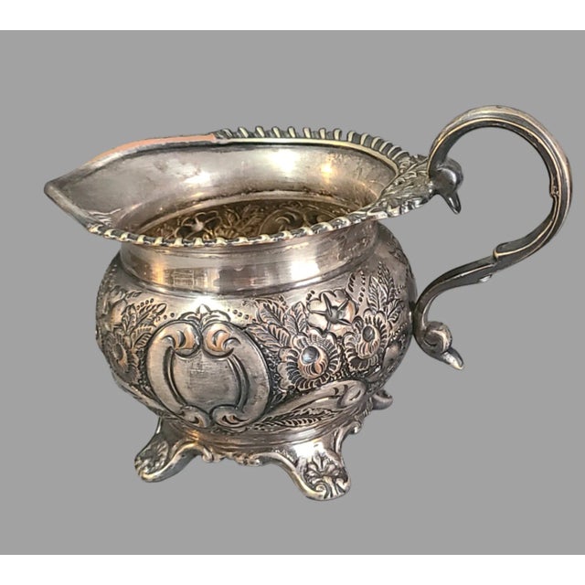 Antique Victorian English Ornate Floral Plated Silver on Copper Creamer Sugar Bowl Set- 2 Pieces For Sale - Image 4 of 10