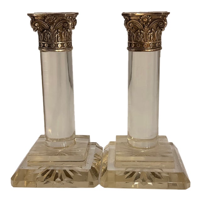 Pair of Vintage Crystal and Silver-Plated Column Candlesticks For Sale