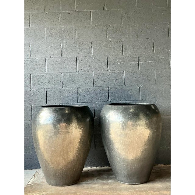 Vintage Boho Monumental Glazed Ceramic Planters - A Pair For Sale In West Palm - Image 6 of 12