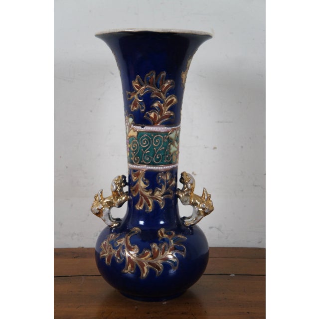 1900 - 1909 Antique Japanese Meiji Era Porcelain Satsuma Figural Kutani Vase Fu Dogs Geisha For Sale - Image 5 of 13