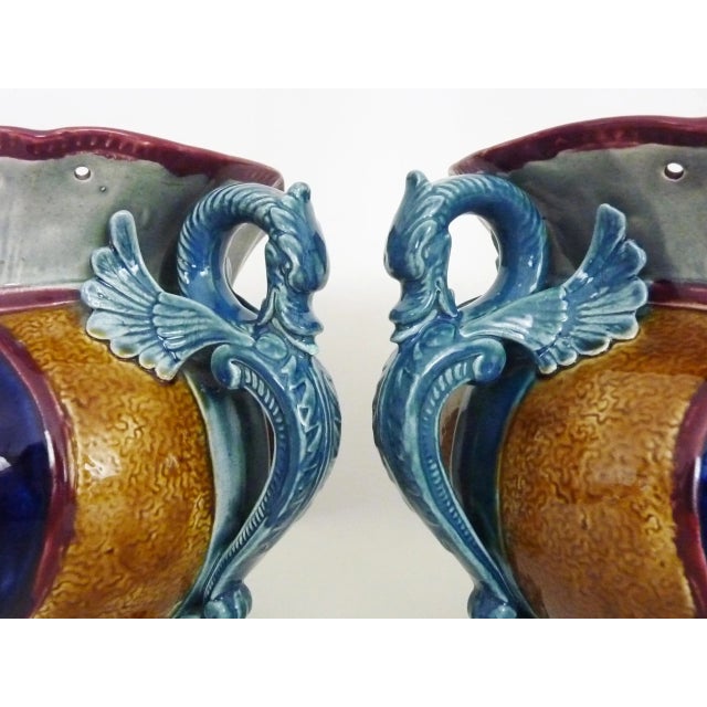 1920s Antique Art Nouveau Dragon Handle Planters in Barbotine, 1920s, Set of 2 For Sale - Image 5 of 11