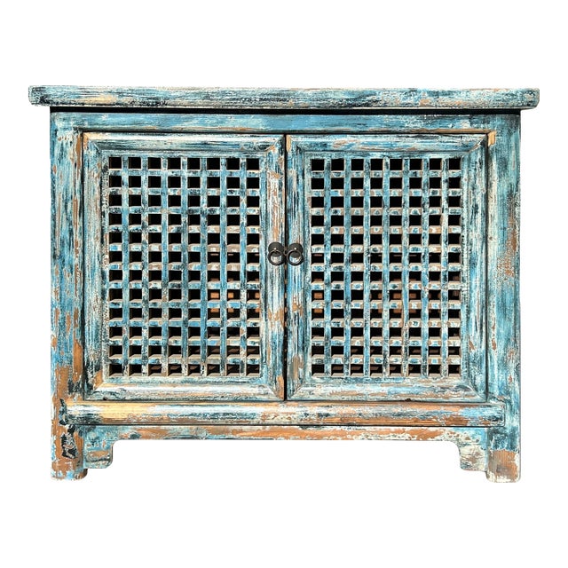 Distressed Fade Turquoise Blue Latticewook Doors Credenza Storage Cabinet For Sale