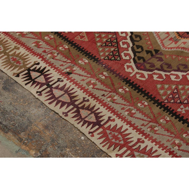 Textile Handwoven Vintage Turkish Kayseri Kilim Rug, Red, Beige-Brown Geometric Pattern For Sale - Image 7 of 8