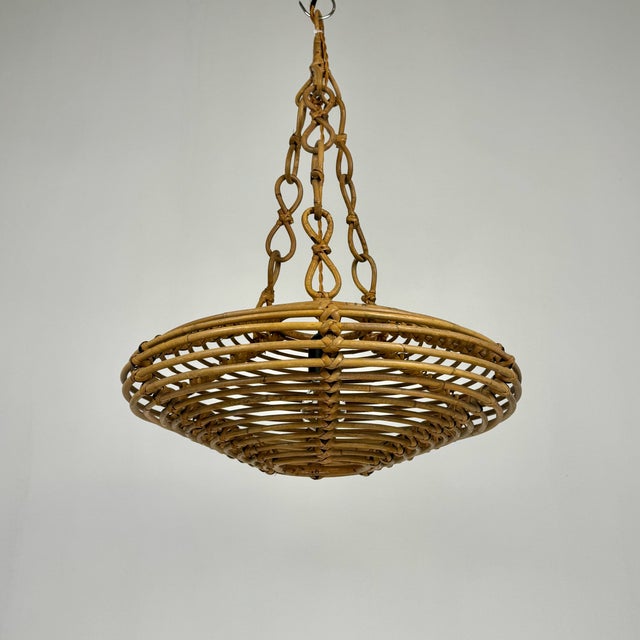 Brown Mid-Century Italian Bamboo Rattan UFO Pendant Lamp, 1960s For Sale - Image 8 of 8
