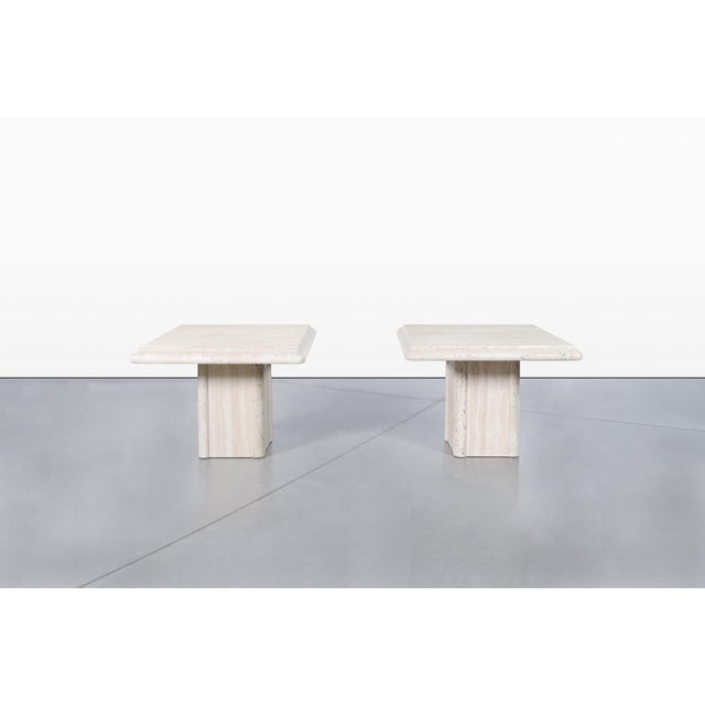 Mid-Century Modern Vintage Italian Modern Travertine Side Tables With Bullnose Edge, 1980s For Sale - Image 3 of 13