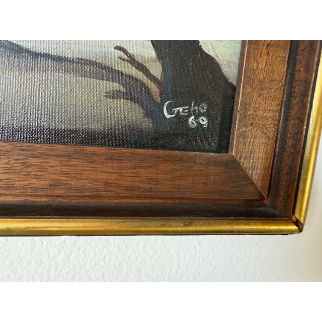 1969 Vintage Geho Surrealist Landscape Oil Painting, Framed For Sale - Image 10 of 11