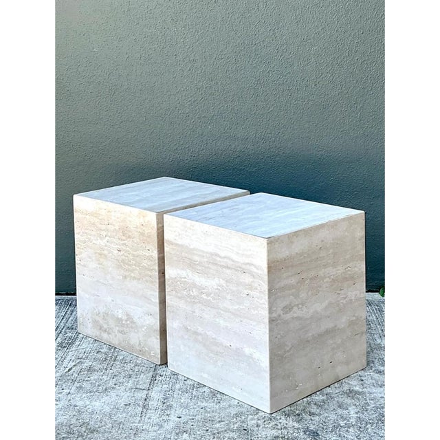 Ecru Vintage Travertine Cube Side Tables - A Pair For Sale - Image 8 of 12
