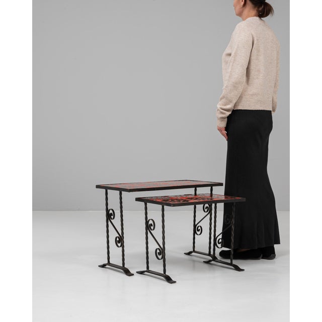 Mid 20th Century 20th Century French Iron Nesting Tables With Ceramic Tops - A Pair For Sale - Image 5 of 18