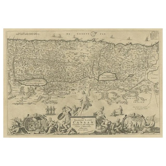 Promised Land of Canaan – Antique Map of Israel with Biblical Scenes, van Jagen This remarkable antique map titled Het...