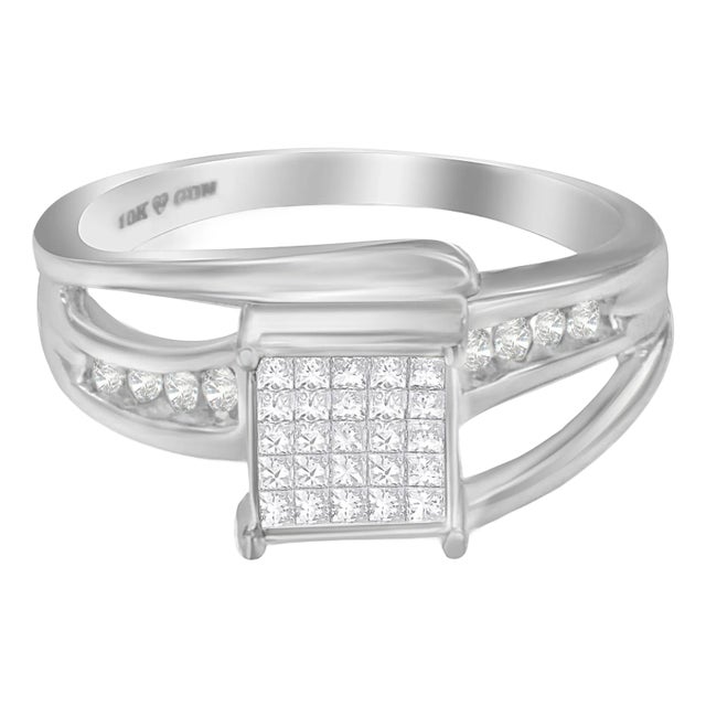 10K White Gold 1/3 Cttw Invisible Set Princess-cut Diamond Cluster Bypass Ring - Ring Size 8 For Sale