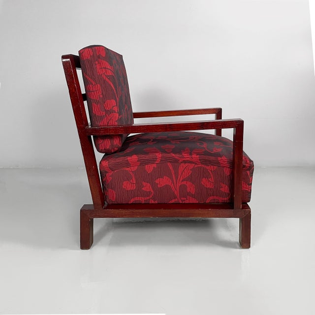 Art Deco Italian Armchair in Wood and Burgundy-Red Fabric with Pattern, 1930s For Sale - Image 3 of 18