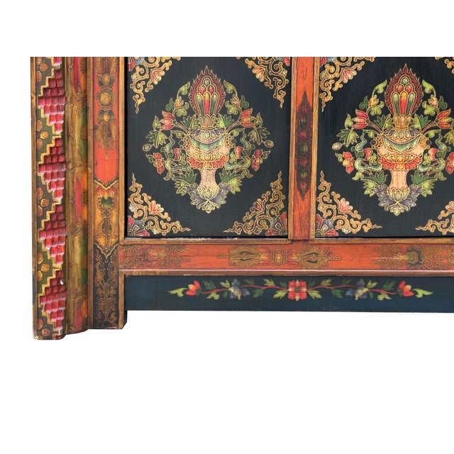 Brick Red Tibetan Style Jewel Treasure Bowl Graphic Credenza Storage Cabinet For Sale - Image 8 of 16