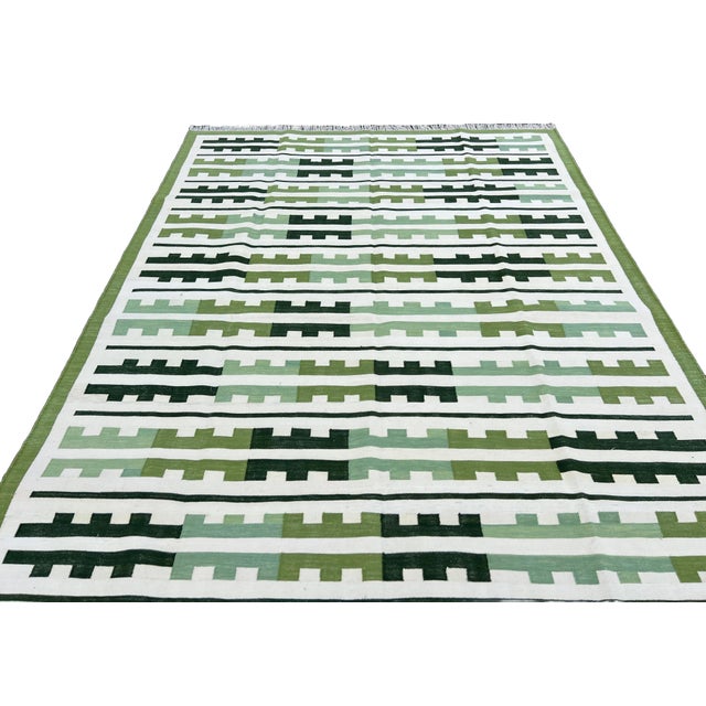 Handmade Cotton Rug, Natural Vegetable Dyed, Green and White Marianne Rug - 6'x9' For Sale - Image 10 of 13