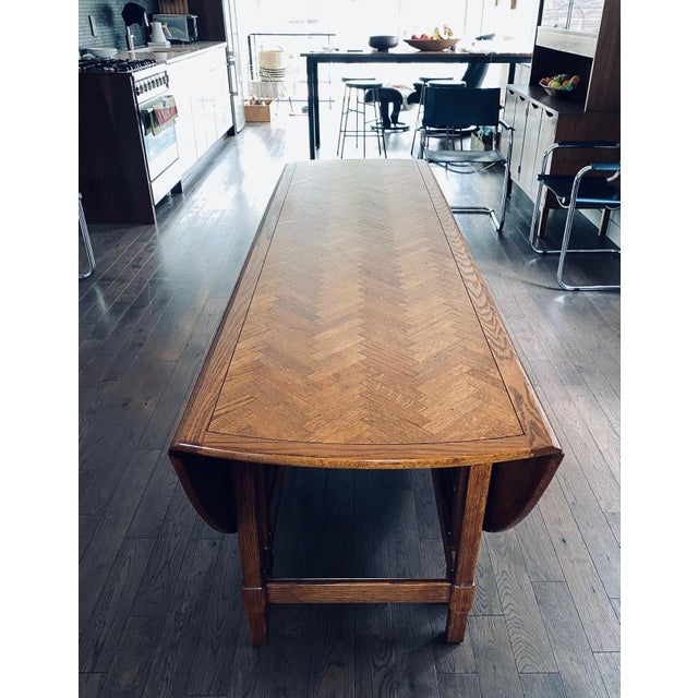 Vintage Large Oak Parquet Top Drop Leaf Dining Table For Sale - Image 10 of 12