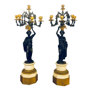 Pair of Neoclassical Style Bronze Six-Arm Figural Candelabra