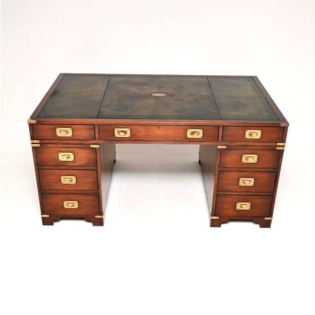 Antique Leather Top Military Campaign Partners Desk, 1950 For Sale - Image 4 of 11