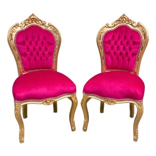 Late 20c Louis XVI Gold Beech Fuchsia Red Chairs-Pair For Sale