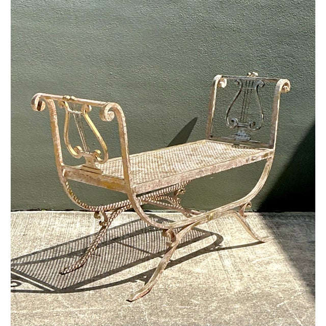 Vintage Neoclassical Wrought Iron Lyre Bench For Sale - Image 4 of 12