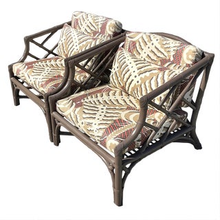 Vintage Coastal Rattan Chinese Chippendale Lounge Chairs - a Pair For Sale