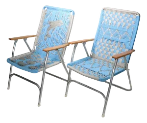 Mid 20th Century Folding Aluminum Macrame Weave Outdoor Chairs - Set of 2
