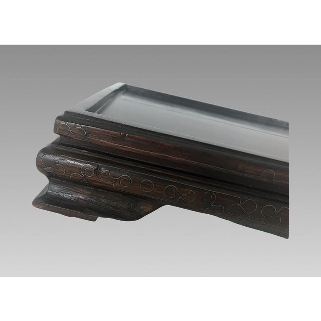 Brown Large Antique Oriental Rectangular Wood Display Stand Inlaid With Silver Wire 15.5" X 9" For Sale - Image 8 of 11