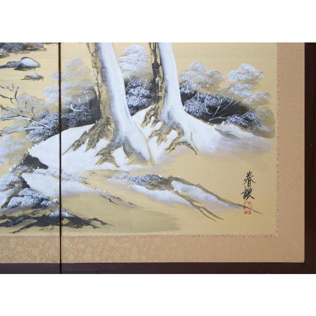 1960s "Winter Landscape With Temple", Showa Era Japanese Silk Byobu Screen For Sale - Image 16 of 18