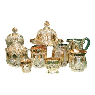Circa 1930 Antique Gold Flashed Pressed Glass Dinner Set- 10 Pieces For Sale