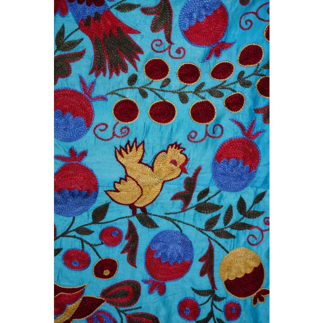 Blue Blue Uzbek Suzani Textile – Peacock, Bird & Floral Motif Wall Art - Tapestry 3'4'' X 6 For Sale - Image 8 of 13
