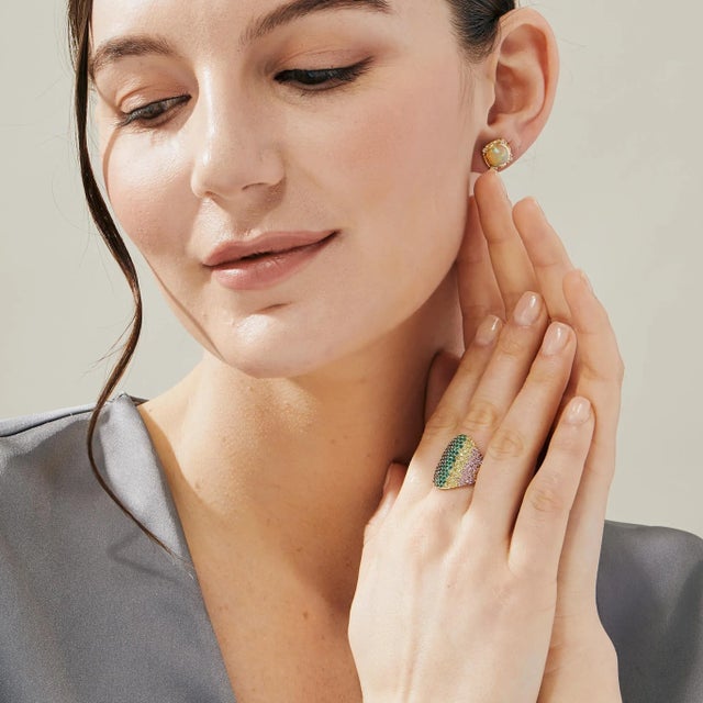 Contemporary Syna Yellow Gold Rainbow Ring with Emeralds and Multicolor Sapphires For Sale - Image 3 of 4