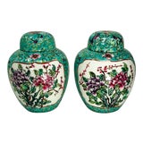 Image of Matching Vintage Hand-Painted Petite Turquoise Floral Porcelain Ginger Jar – a Pair For Sale