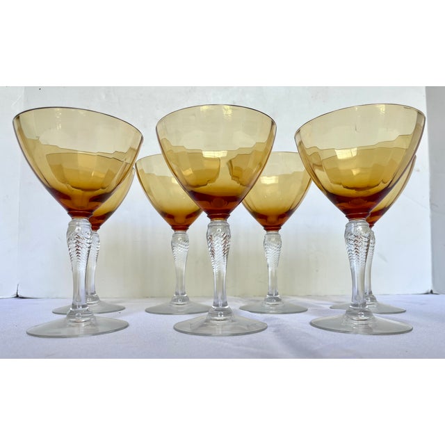 1930s Mid-Century Cambridge Glass Amber & Clear Stem Champagne Coupes - Set of 7 For Sale - Image 13 of 18