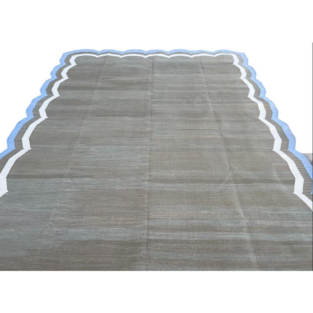 Coffee Not Yet Made - Made To Order Handmade Cotton Vegetable Dyed Scalloped Edge Rug Brown & Sky Blue Border Dhurrie- 6'x9' For Sale - Image 8 of 11