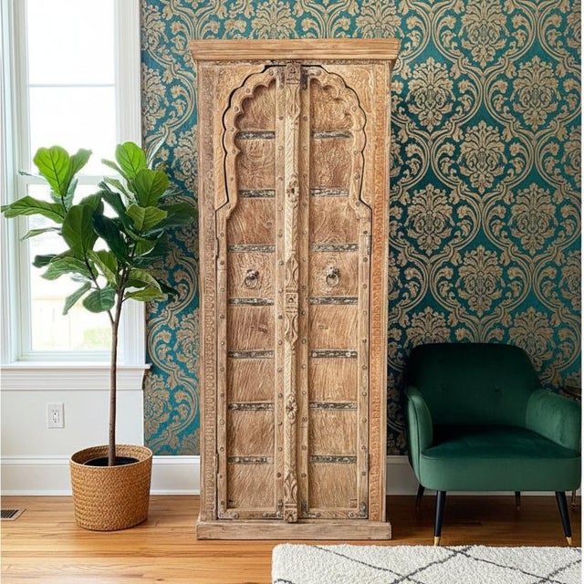 Brown Vintage Arched Door Armoire – Limewashed Farmhouse Cabinet With Rustic European Charm For Sale - Image 8 of 8