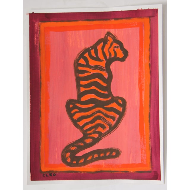 Painting of a Tiger in rich shades or burgundy, orange burnt umber with multiple borders. Contemporary animal safari big...
