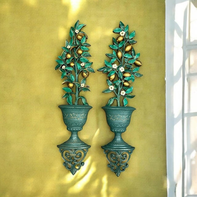Mid-century Modern Lemon Topiary Wall Decor by Homco A paired set #7151 and 7152 In gold and greens. Marked Made in USA...