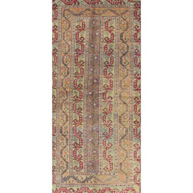 Antique Turkish Rug With Vertical Stripe Design in Light Green, Red, Light Orange and Purple For Sale - Image 4 of 7