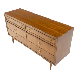 American Mid Century Modern 6 Drawers Walnut Dresser Brass Hardware