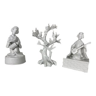 Japanese Style Figurines White Porcelain Music Boxes and Decorative Tree For Sale