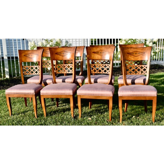 Vintage Brass Inlay Chairs Vintage Italian Regency Style Dining Chairs Set of 8 For Sale - Image 4 of 18