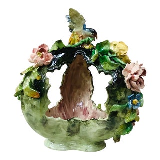 1880 Majolica Bird & Flowers Basket Centerpiece For Sale