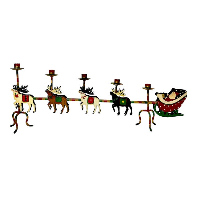 1970s Vintage Hollywood Regency Boho Chic Italian Santa & Reindeer Sleigh Tole Candle Holder, Monumental Christmas For Sale