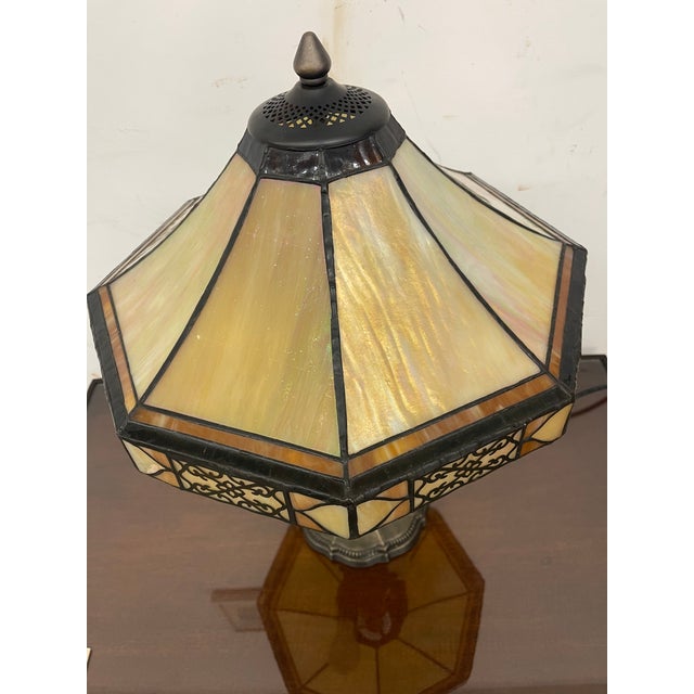 Orange Vintage Table Lamp With Decorative Filigree Shade and Dual Pull Chains For Sale - Image 8 of 10