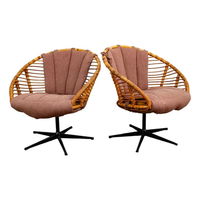 1960s Mid Century Modern Lounge Chair Set Black Swivel Rattan Pink Rose Fabric Denmark For Sale
