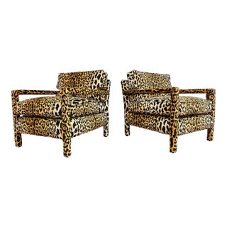 Custom Leopard Print Velvet Parsons Chairs in the Style of Milo Baughman, a Pair For Sale