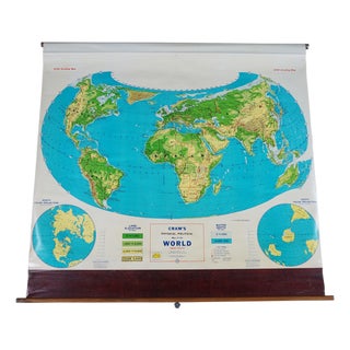 Mid Century Cram's Physical Political World Pull Down Map Classroom Wall Map 64" For Sale