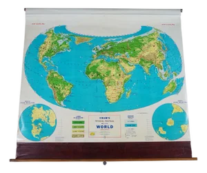 Mid Century Cram's Physical Political World Pull Down Map Classroom Wall Map 64"