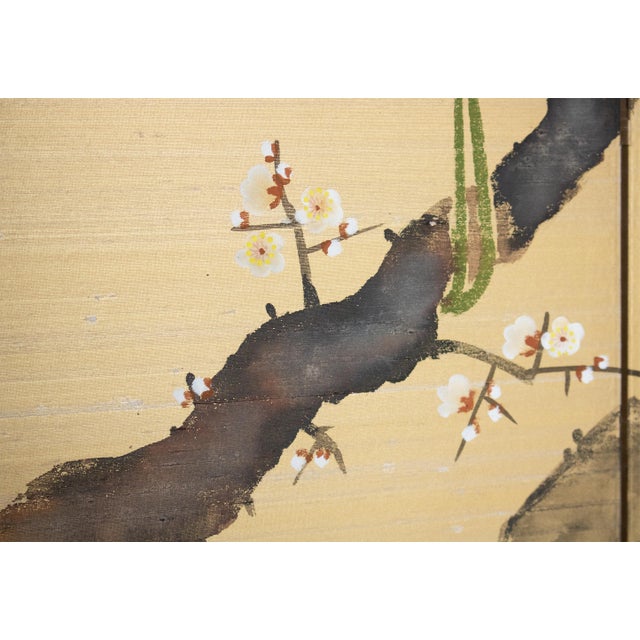 C. 1970s Showa Era Japanese Painted Silk Byobu Screen "Pheasants and Sakura" For Sale - Image 10 of 18