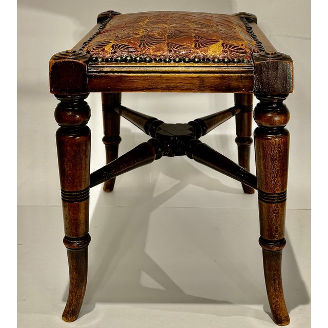 Victorian Antique English Hardwood Footstool, Aesthetic Movement Embossed Leather Circa 1880 For Sale - Image 3 of 13