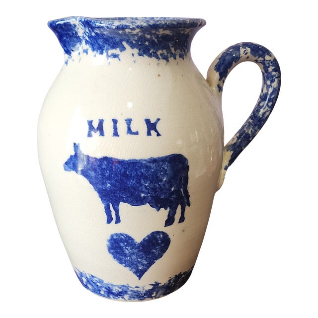 Vintage Early 1980s Buttermilk Acres Stoneware Cow & Heart Spongeware Large Pitcher For Sale