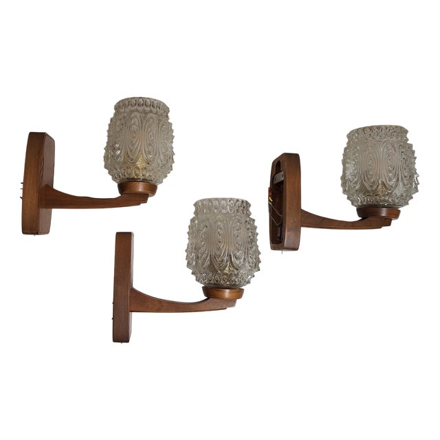 Wall Lamps with Brown Beech Frames and Clear Relief Glass Shades, 1970s, Set of 3 For Sale
